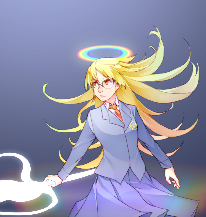 1girl, angel, awakening_(toaru), blonde_hair, blue_skirt, closed_mouth, collared_shirt, commentary, cowboy_shot, emblem, energy, energy_sword, english_commentary, fuse=kazakiri, glasses, glowing, glowing_halo, glowing_sword, glowing_weapon, grey_background, grey_jacket, halo, highres, holding, holding_sword, holding_weapon, jacket, kazakiri_hyouka, kirigaoka_girls'_academy_school_uniform, long_hair, long_sleeves, looking_to_the_side, medium_skirt, multicolored_eyes, multicolored_halo, necktie, nose, pleated_skirt, rainbow_eyes, rainbow_halo, red_necktie, rimless_eyewear, round_eyewear, school_emblem, school_uniform, serious, shirt, skirt, solo, standing, sword, toaru_majutsu_no_index, toaru_majutsu_no_index:_old_testament, vilatile, weapon, white_shirt, winter_uniform