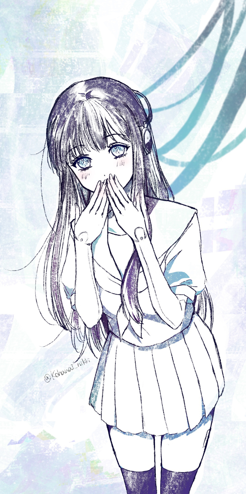 1girl, ai_(shining_nikki), artificial_intelligence, blue_background, blue_eyes, cable, closed_mouth, commentary_request