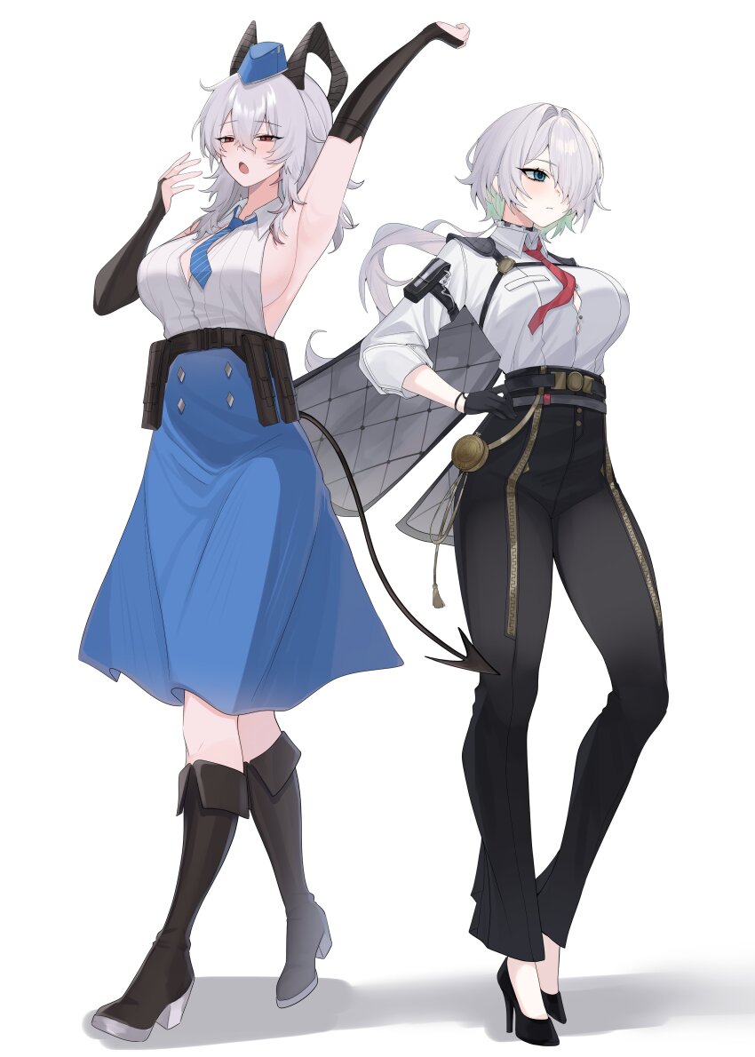 2girls, absurdres, arm_pouch, arm_up, armband, armpits, backless_shirt, bare_shoulders