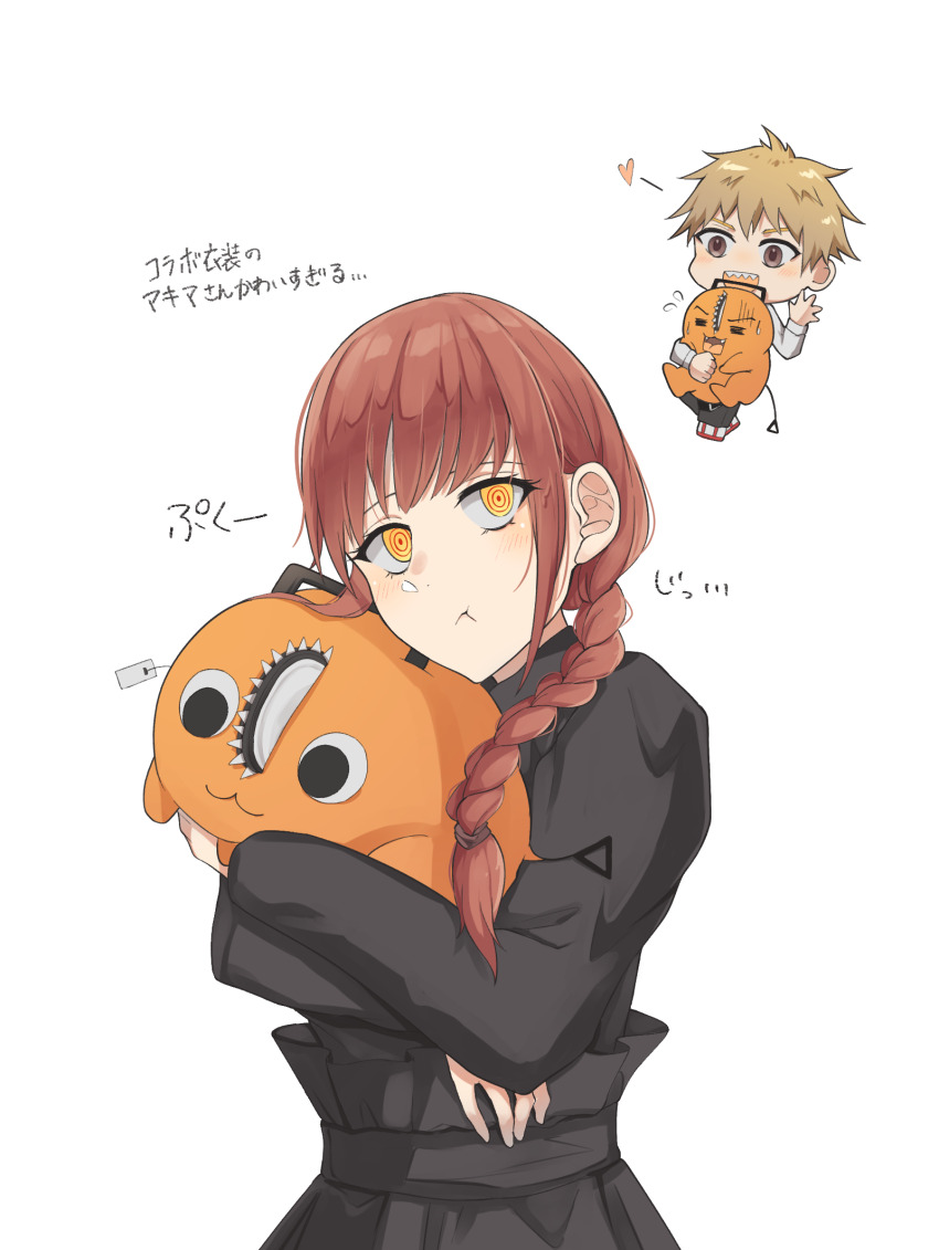 1boy, 1girl, annabell_(durch9sicht5), black_dress, blonde_hair, braid, braided_ponytail, chainsaw_man