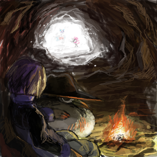 1boy, bad_id, bad_pixiv_id, bird, campfire, cave, endou_yuu, fedora