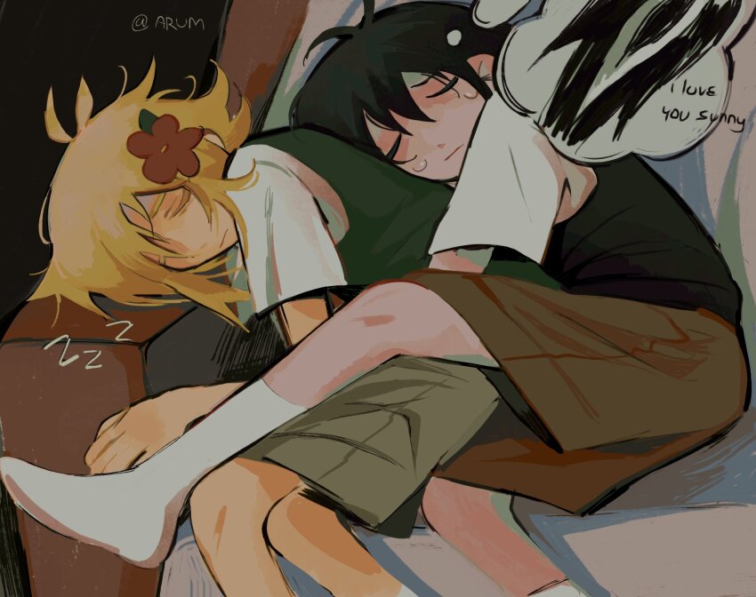 2boys, antenna_hair, artist_name, arum_0m0, basil_(faraway)_(omori), basil_(omori), black_hair, black_sweater_vest, blonde_hair, brown_shorts, closed_eyes, closed_mouth, collared_shirt, flower, green_sweater_vest, hair_flower, hair_ornament, hashtag-only_commentary, highres, lying, male_focus, multiple_boys, omori, on_side, shirt, short_hair, short_sleeves, shorts, sidelocks, sleeping, socks, something_(omori), spoilers, sunny_(omori), sweater_vest, white_shirt, white_socks, yaoi, zzz