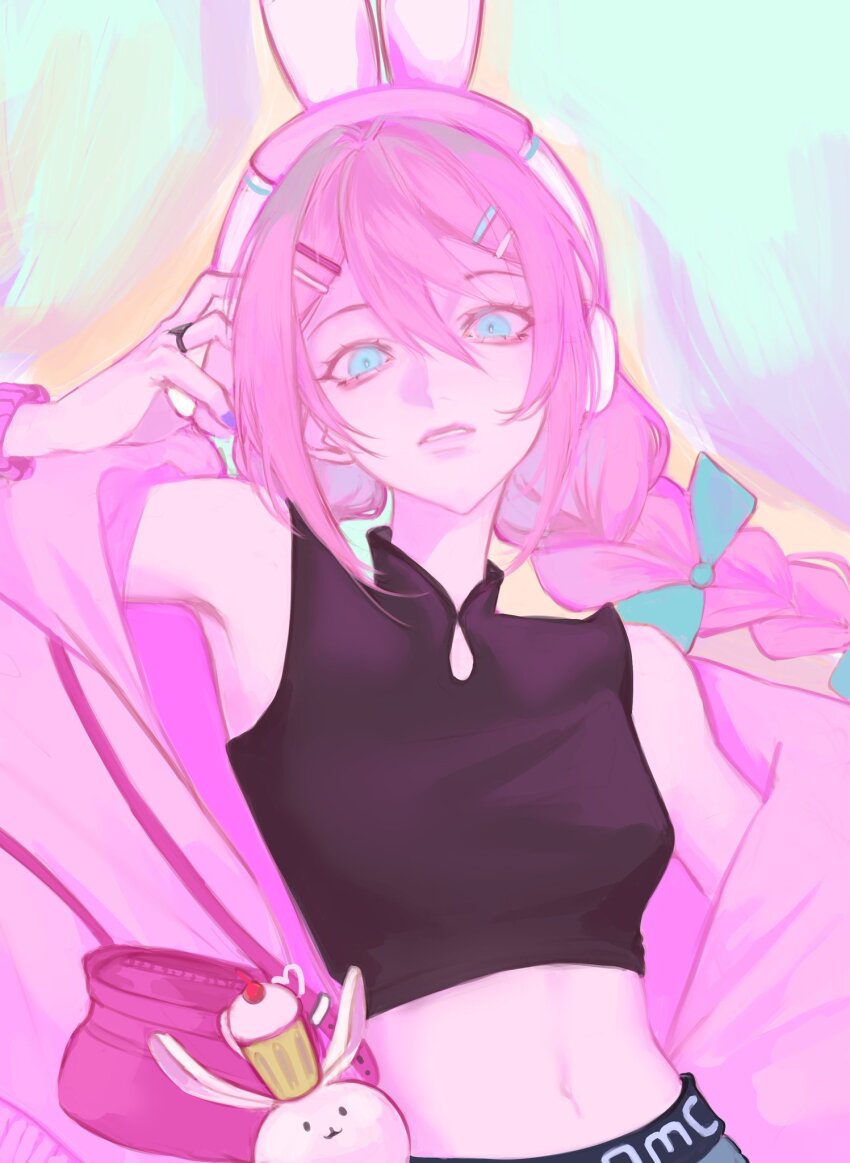 1girl, animal_ear_headphones, animal_ears, aubrey_(birthday)_(omori), aubrey_(faraway)_(omori), aubrey_(omori), bag, blue_eyes