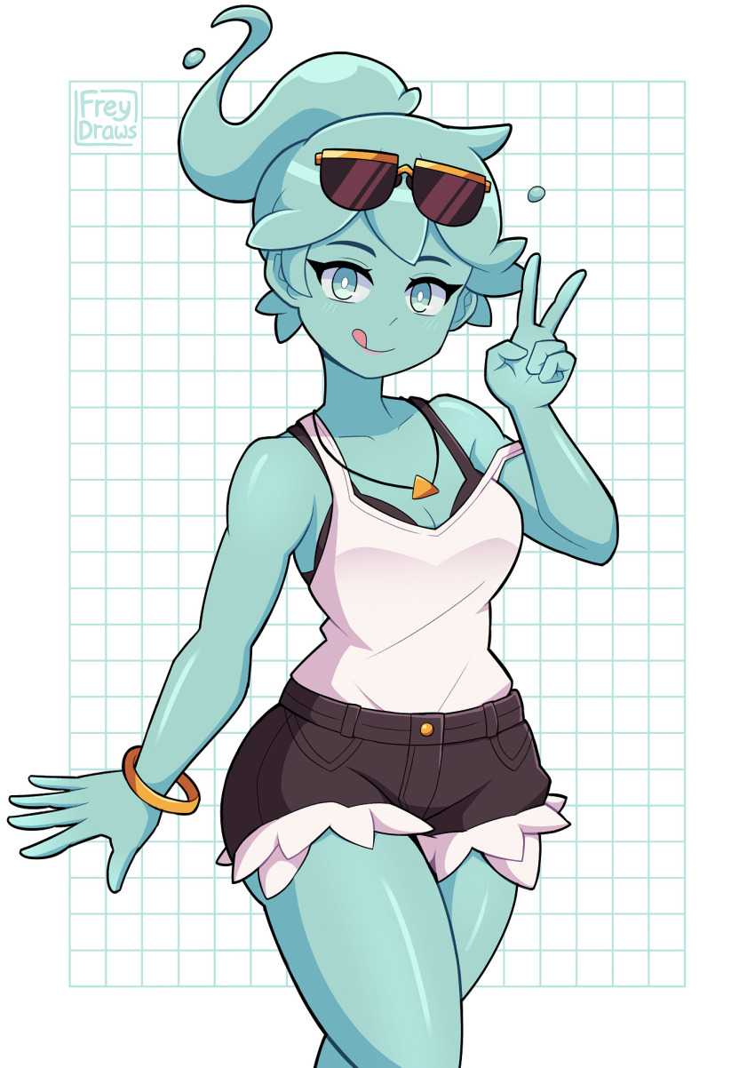 1girl, :q, aqua_eyes, aqua_hair, aqua_skin, artist_name, black_bra, black_shorts