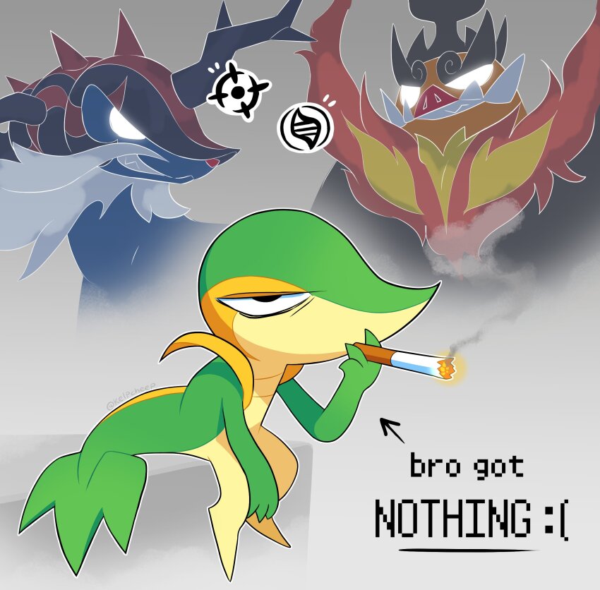 absurdres, boar, cigarette, colored_skin, emboar, fangs, fire, gen_5_pokemon, highres, hisuian_samurott, holding, holding_cigarette, kelpcheep, mega_emboar, mega_pokemon, nintendo, no_humans, open_mouth, pokemon, pokemon_(creature), pokemon_focus, sea_lion, sitting, smile, smoke, smoking, snivy, teeth