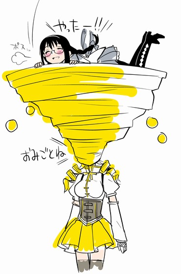 2girls, akemi_homura, akemi_homura_(magical_girl), arm_warmers, ayanero_taicho, black_legwear, blonde_hair, bow, braid, corset, crossover, demon's_souls, drill_hair, fromsoftware, glasses, hair_bow, happy, magical_girl, mahou_shoujo_madoka_magica, mahou_shoujo_madoka_magica_(anime), miniskirt, multiple_girls, old_monk, pantyhose, parody, pleated_skirt, simple_background, sketch, skirt, thighhighs, tomoe_mami, tomoe_mami_(magical_girl), twin_braids, twin_drills, twintails, white_background, yellow_skirt