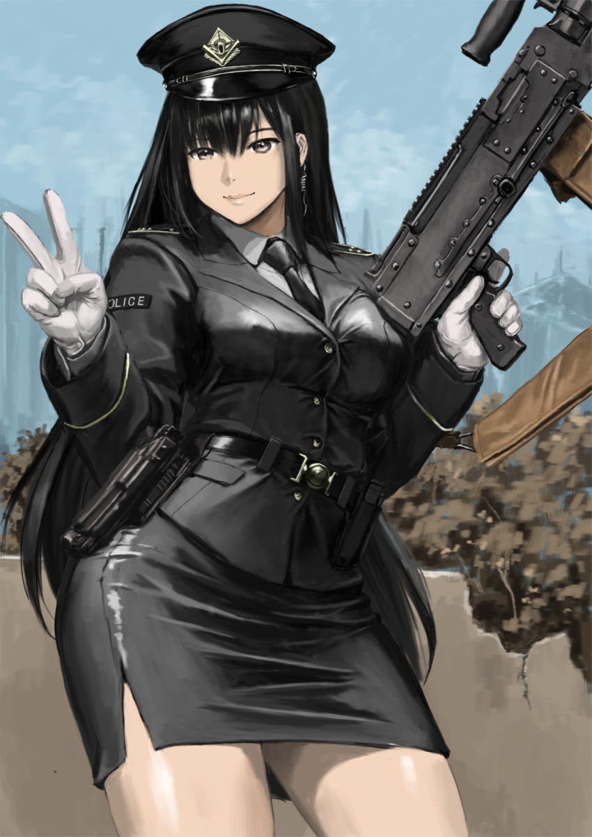 1girl, black_eyes, black_hair, black_necktie, breasts, fn_mag, gloves, gun