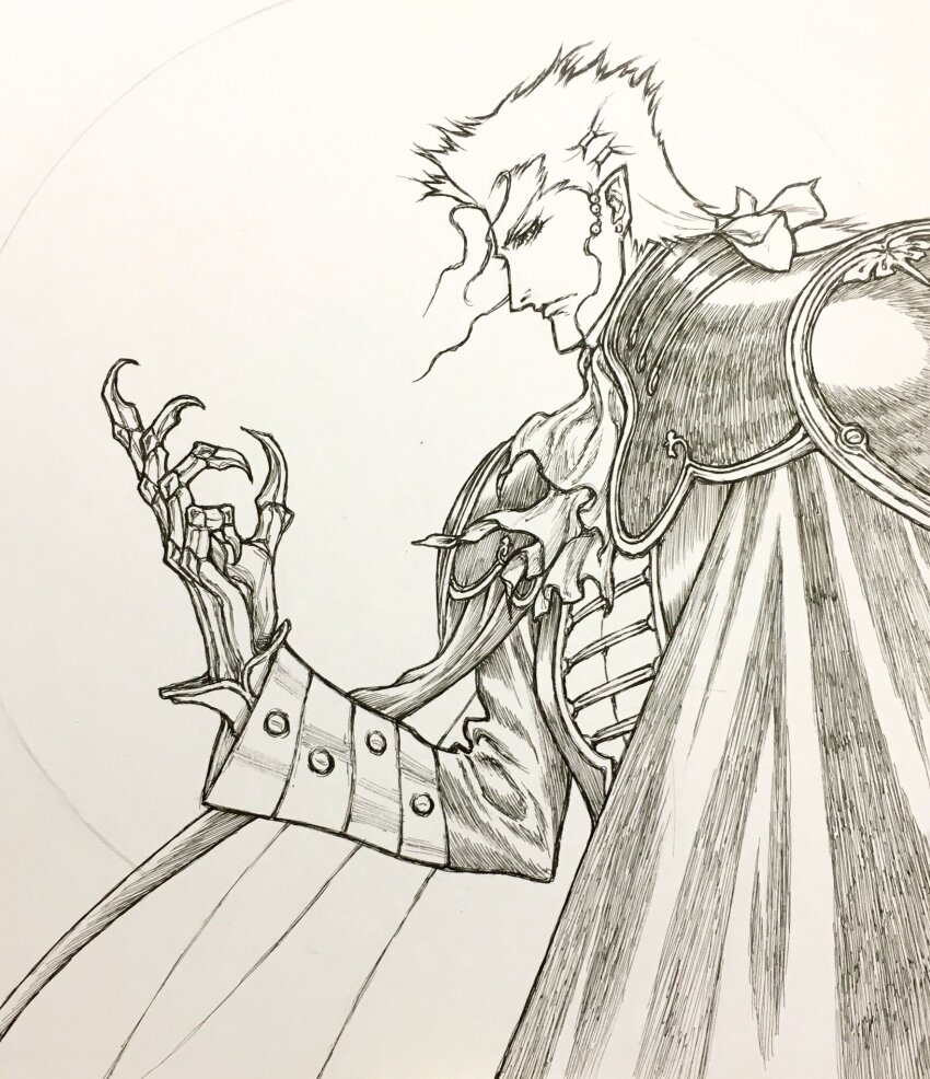 1boy, cape, closed_mouth, fingernails, greyscale, highres, looking_at_viewer, meier_link