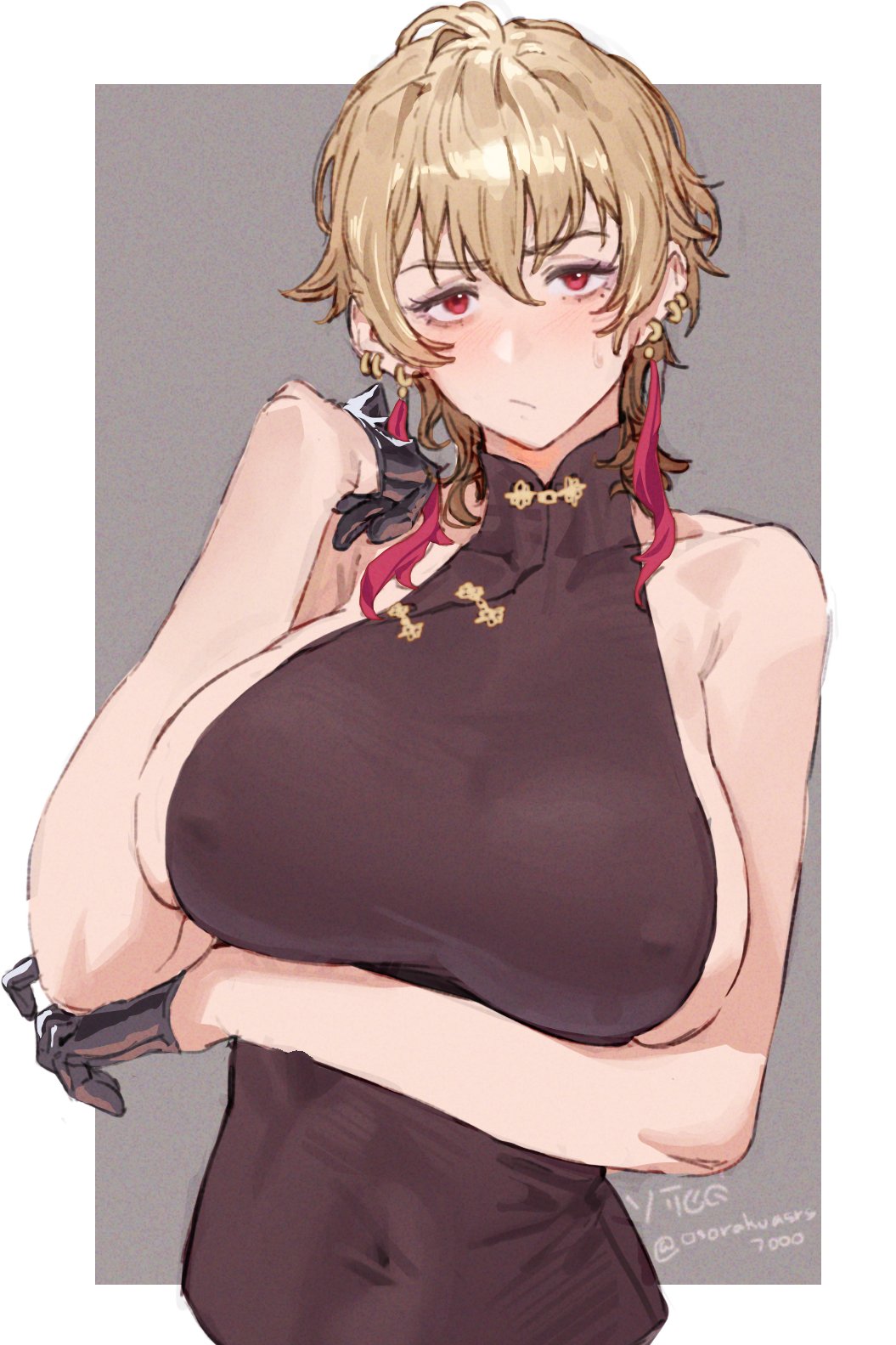 1girl, arm_under_breasts, black_choker, black_gloves, border, borrowed_character, breasts, choker