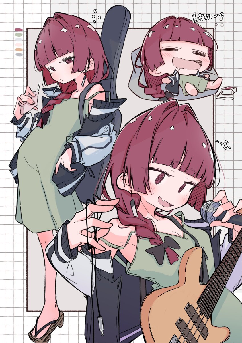 1girl, =_=, absurdres, aomoringo, bare_shoulders, barefoot, bass_guitar, bean_bag_chair