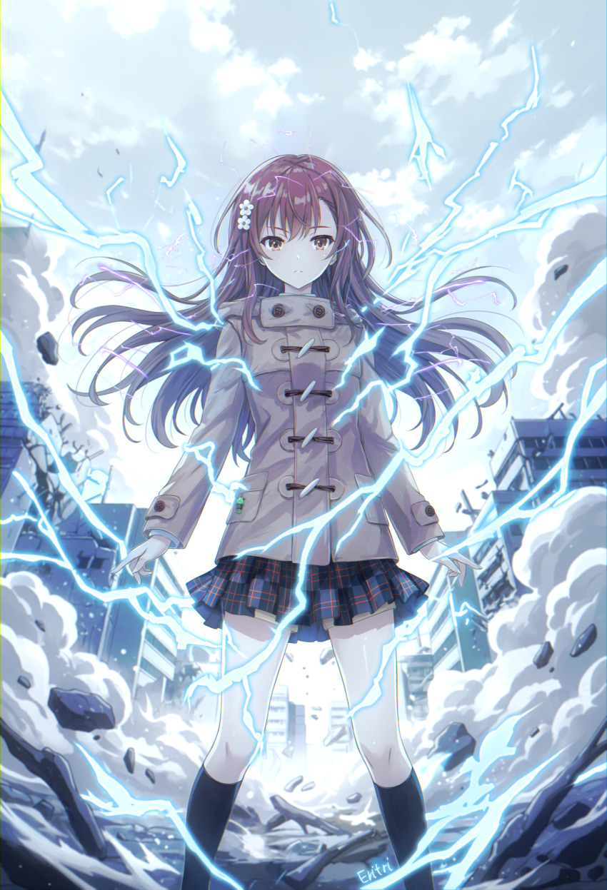 1girl, academy_city, alternate_hair_length, alternate_hairstyle, artist_name, black_socks, brown_coat, brown_eyes