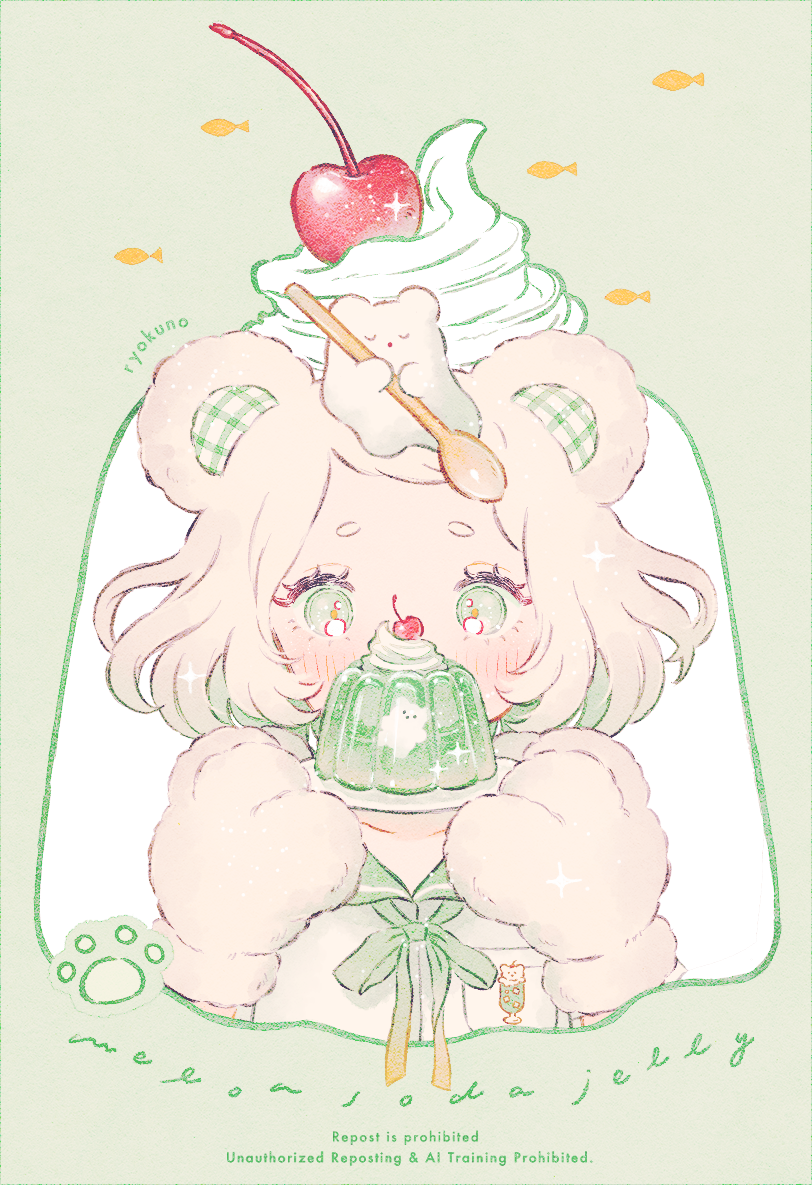 1girl, animal, animal_ears, animal_hands, animal_on_head, artist_name, bear_ears, blush, breast_pocket, cheery, cherry, commentary_request, eyelashes, fish, food, fruit, gelatin, gloves, green_background, green_eyes, holding, holding_plate, holding_spoon, looking_at_food, neck_ribbon, on_head, original, paw_gloves, plate, pocket, ribbon, ryokuno_green, shirt, short_eyebrows, short_hair, short_sleeves, sparkle, spoon, swept_bangs, upper_body, watermark, whipped_cream, white_hair, white_shirt