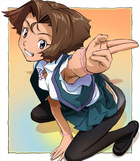 armpit_peek, armpits, bracelet, brown_hair, clothes_lift, haruyama_kazunori, jewelry, kneeling