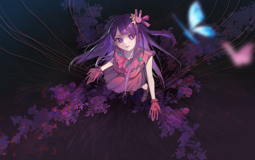 1girl, absurdres, animal_ears, bug, butterfly, chinese_commentary, commentary_request, detached_sleeves, dress, gloves, hair_ornament, highres, hoshino_ai, insect, long_hair, looking_at_viewer, looking_up, one_side_up, open_mouth, oshi_no_ko, pink_dress, pink_gloves, puppet_strings, purple_eyes, rabbit_ears, ryuukou, solo, star-shaped_pupils, star_(symbol), star_hair_ornament, symbol-shaped_pupils