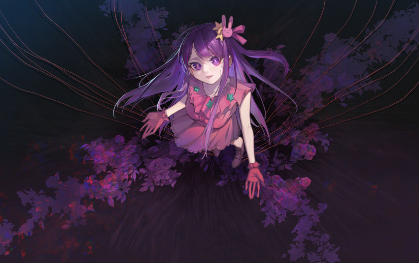 1girl, absurdres, animal_ears, chinese_commentary, commentary_request, dress, gloves, hair_ornament, highres, hoshino_ai, long_hair, looking_at_viewer, looking_up, one_side_up, open_mouth, oshi_no_ko, pink_dress, pink_gloves, puppet_strings, purple_eyes, rabbit_ears, ryuukou, solo, star-shaped_pupils, star_(symbol), star_hair_ornament, symbol-shaped_pupils