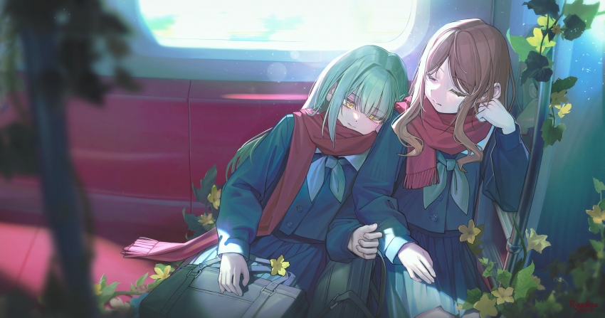 2girls, absurdres, bag, bang_dream!, bang_dream!_it's_mygo!!!!!, black_bag, blue_shirt, blue_skirt