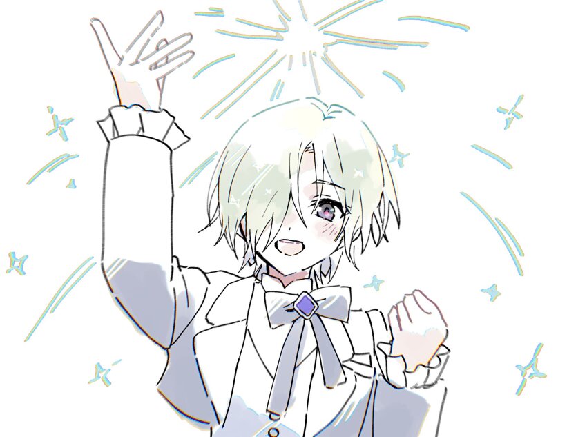 1girl, :d, arm_up, black_bow, black_bowtie, black_jacket, bow, bowtie