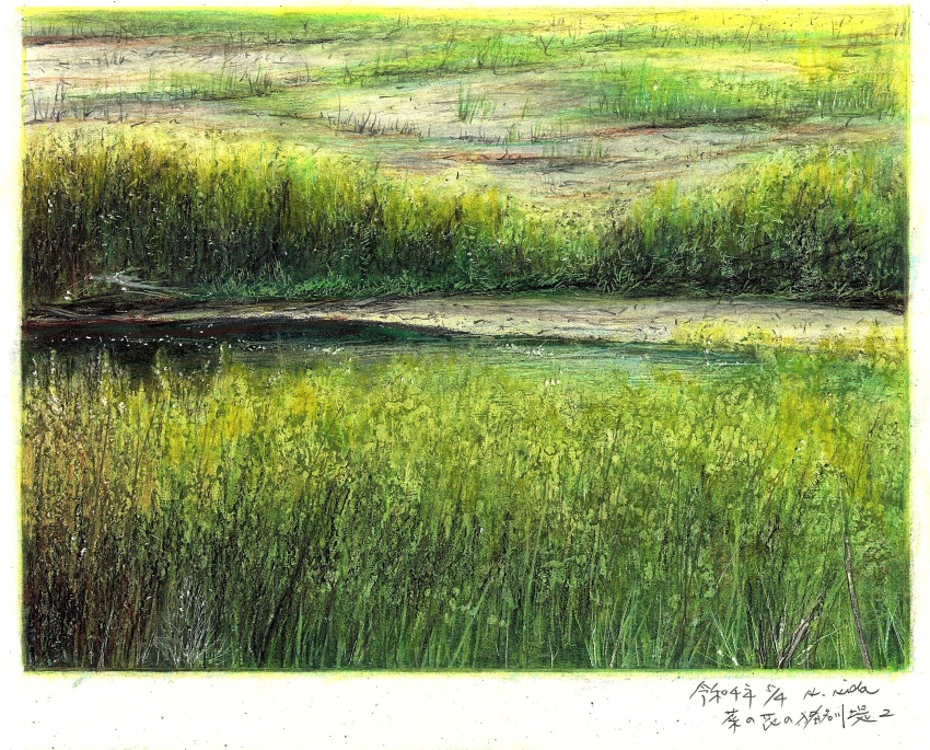 baden_hiroshi, border, colored_pencil_(medium), day, field, highres, making-of_available, no_humans