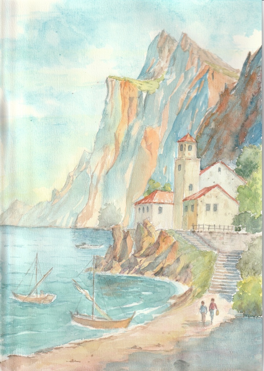 boat, building, church, cliff, commentary_request, day, highres, hill, landscape, ocean, original, outdoors, painting_(medium), paruperu, path, people, real_world_location, road, sailboat, scenery, shore, stairs, tower, traditional_media, watercolor_(medium), watercraft