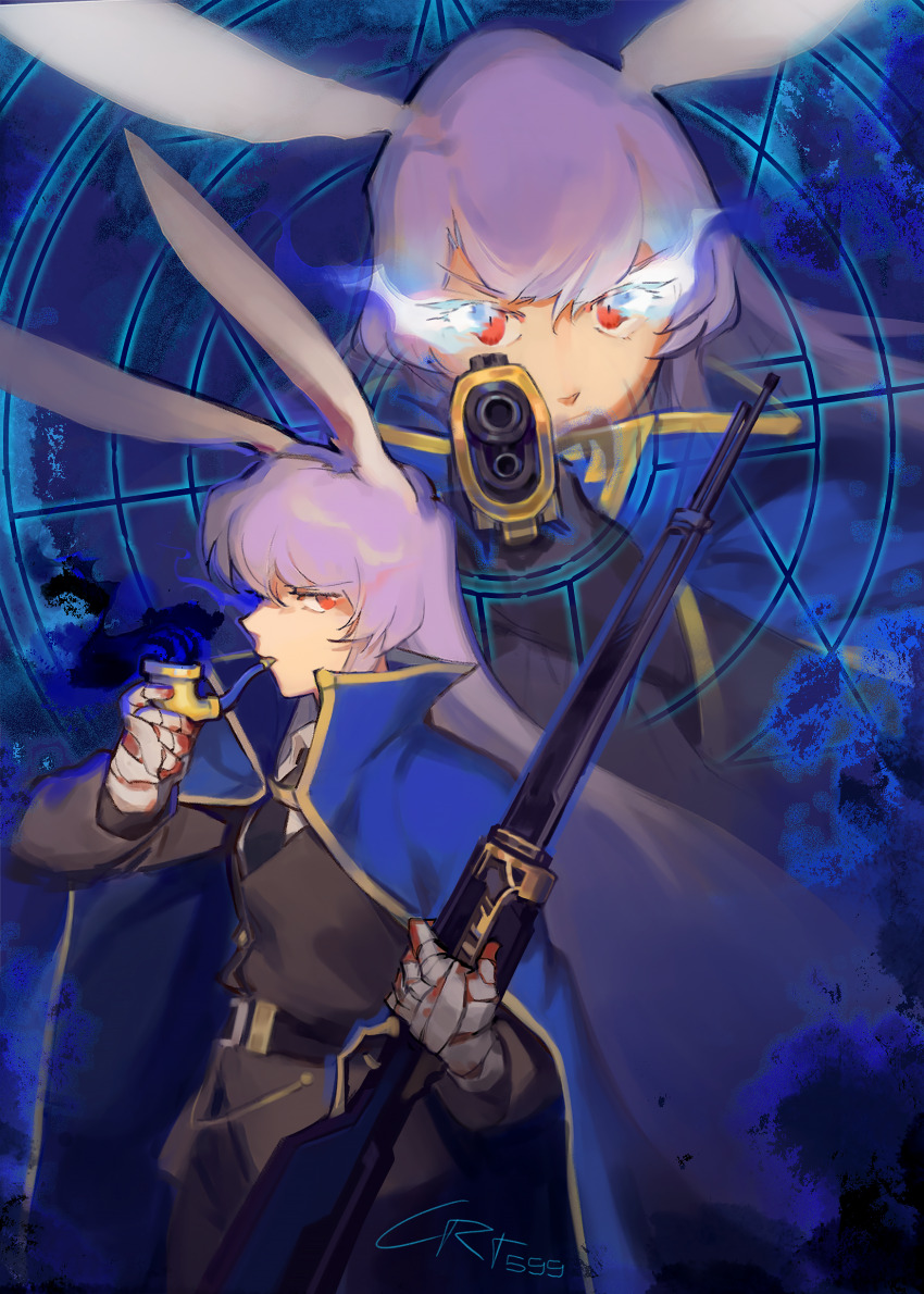 1girl, absurdres, alternate_costume, animal_ears, artist_name, bandaged_arm, bandages, black_necktie, blue_cape, brown_jacket, cape, collared_shirt, commentary, crt599, e.g.o_(project_moon), english_commentary, gun, highres, holding, holding_gun, holding_smoking_pipe, holding_weapon, jacket, long_hair, looking_at_viewer, magic_bullet_(e.g.o), necktie, project_moon, purple_hair, rabbit_ears, rabbit_girl, red_eyes, reisen_udongein_inaba, rifle, shirt, smoking_pipe, solo, touhou, very_long_hair, weapon, white_shirt