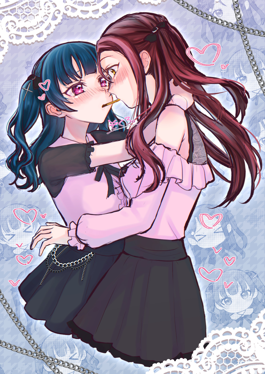 >_<, 2girls, absurdres, arms_around_neck, bare_shoulders, black_skirt, blue_hair, center_frills