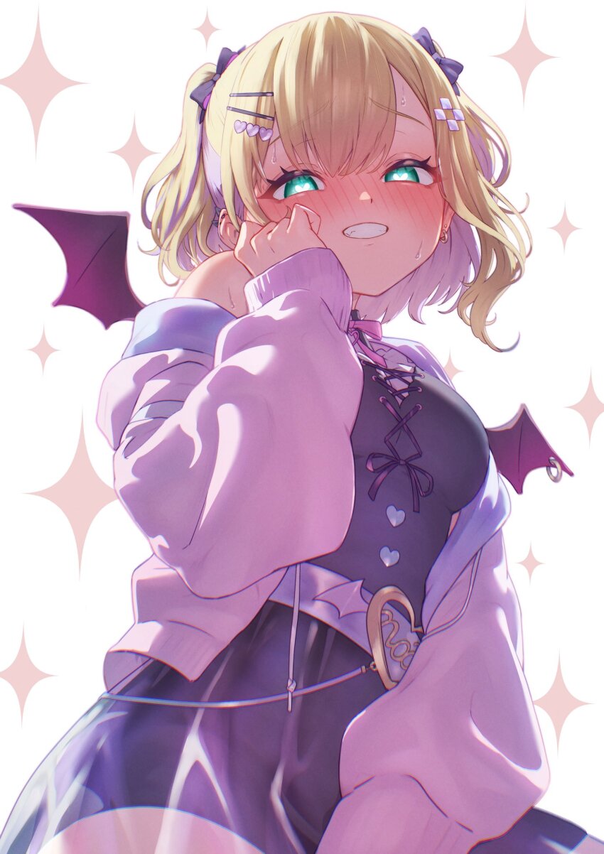 1girl, bare_shoulders, belt, black_bow, black_bustier, black_skirt, blonde_hair, blush