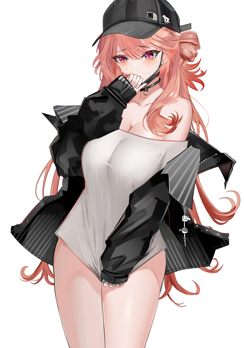 1girl, arknights, bare_shoulders, baseball_cap, black_choker, black_jacket, blush, breasts