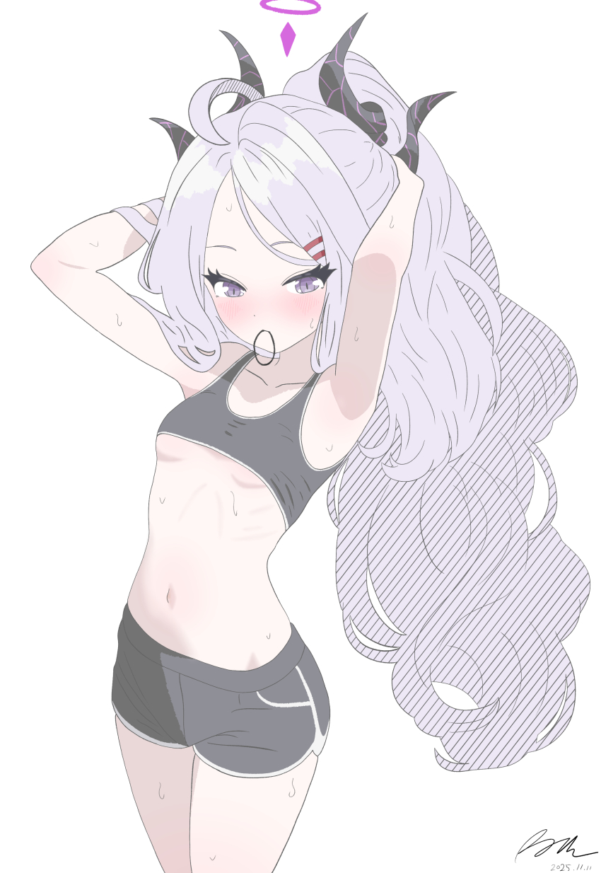 1girl, absurdres, ahoge, alternate_costume, arms_up, bare_shoulders, black_shirt, blue_archive