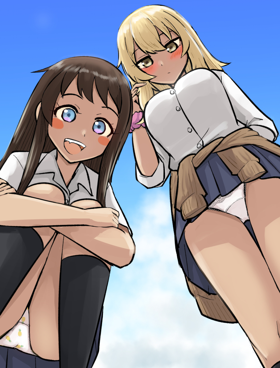 2girls, black_socks, blonde_hair, blue_eyes, blue_skirt, blue_sky, blush, blush_stickers