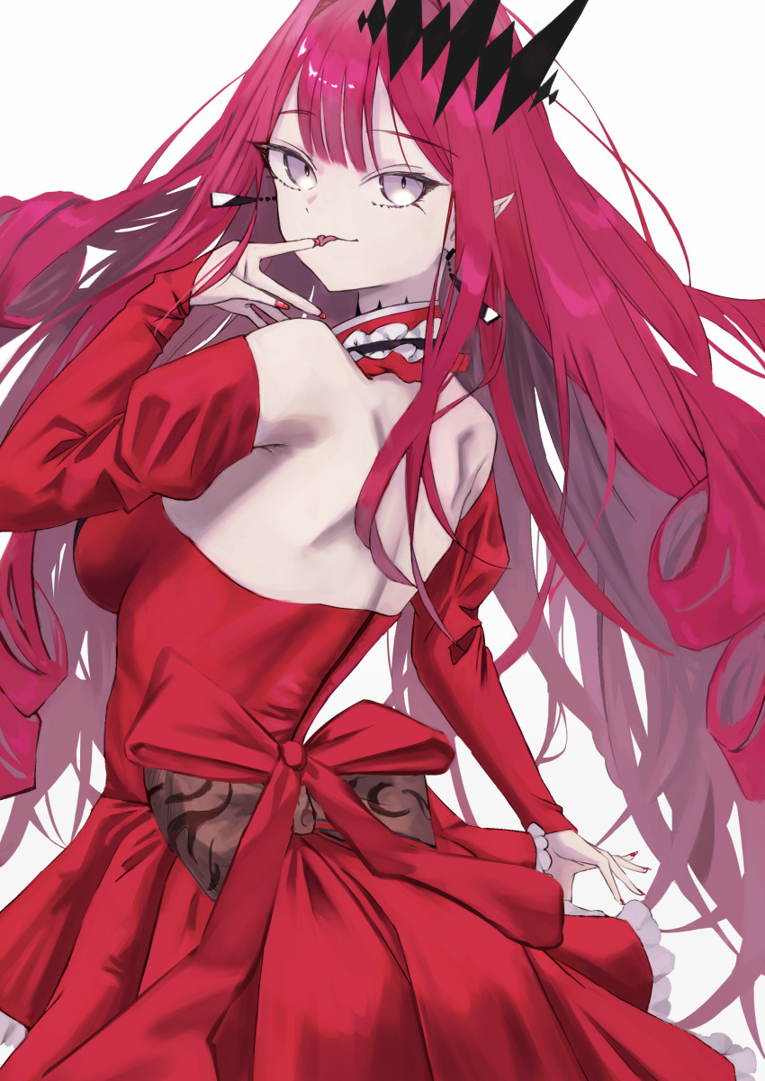 1girl, absurdres, back, baobhan_sith_(fate), baobhan_sith_(first_ascension)_(fate), bare_shoulders, breasts, detached_collar, detached_sleeves, dress, earrings, fate/grand_order, fate_(series), grey_eyes, highres, jewelry, large_breasts, long_hair, looking_at_viewer, looking_back, pink_hair, pointy_ears, red_dress, sidelocks, smile, solo, tiara, tongue, tongue_out, watashiro87