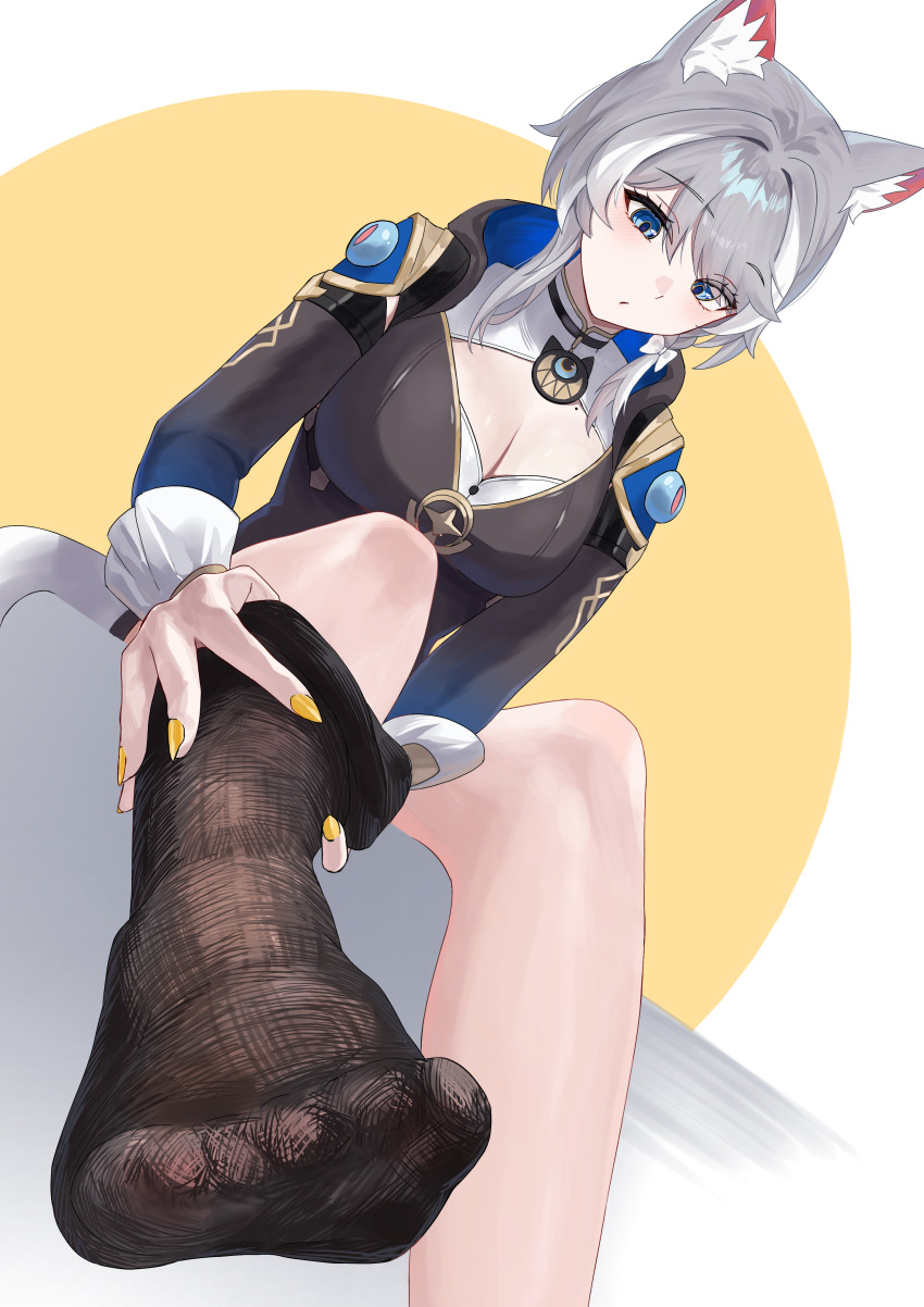 1girl, absurdres, anima_miko, animal_ear_fluff, animal_ears, black_socks, blue_eyes, bow