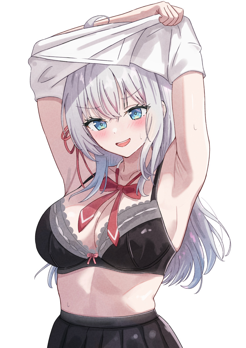 1girl, absurdres, alisa_mikhailovna_kujou, armpits, arms_up, azakura_(beniyomogi), black_bra, black_skirt