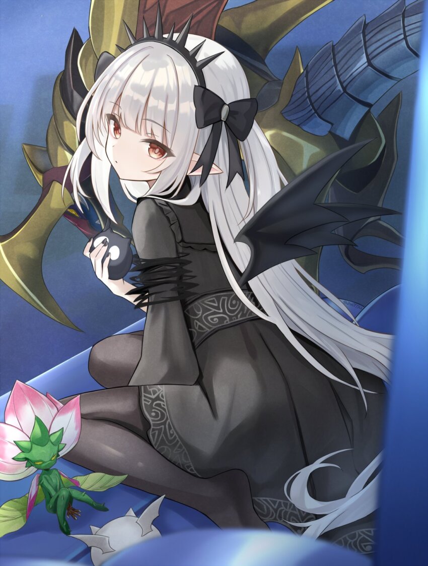 1girl, 2others, a_bao_a_qu_the_lightless_shadow, black_dress, black_hairband, black_nails, black_pantyhose, bow