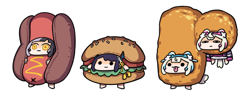 4girls, absurdres, animal_ears, asymmetrical_horns, black_hair, blonde_hair, blue_hair, burger_costume