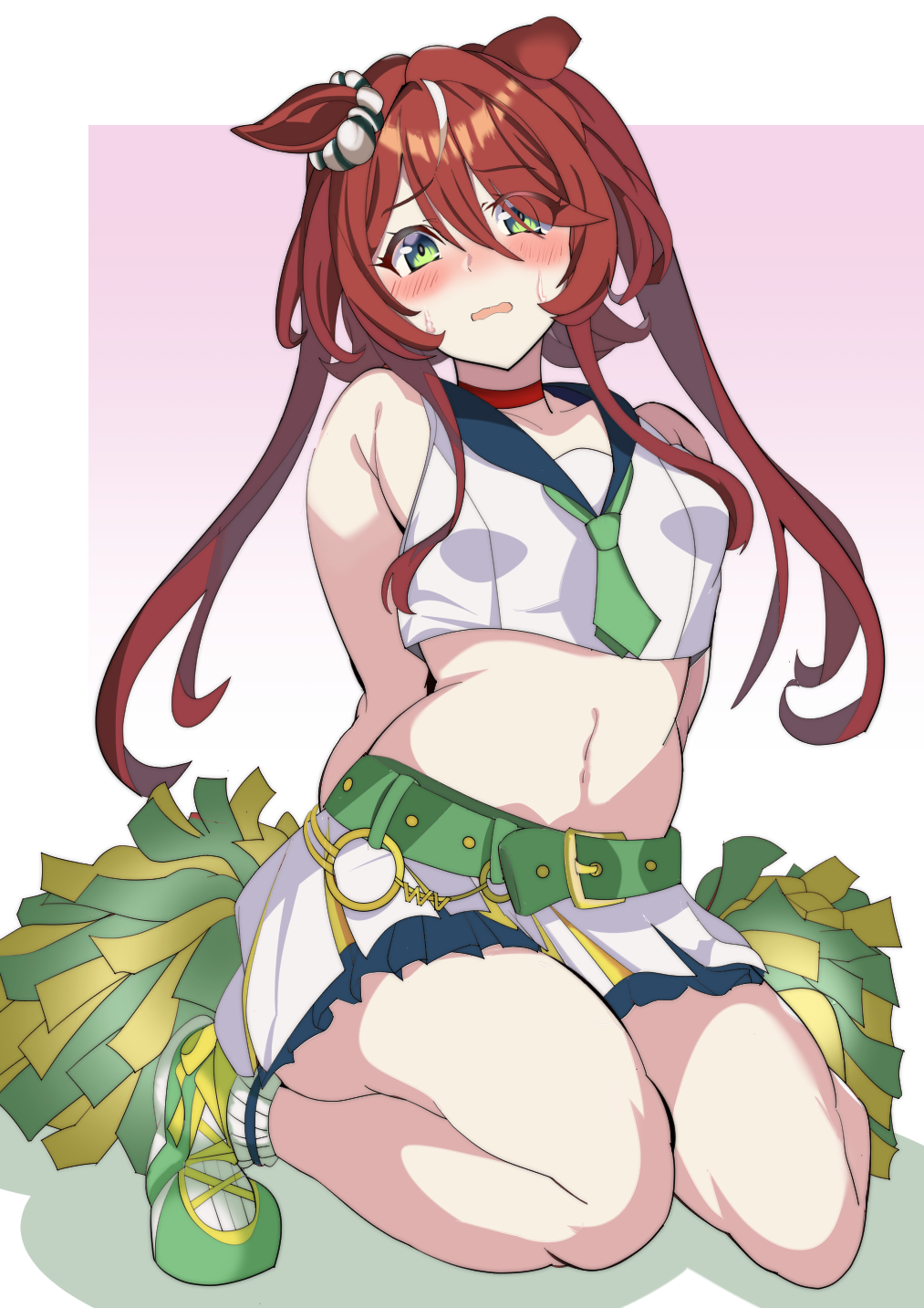 1girl, alternate_hairstyle, animal_ears, blush, breasts, cheerleader, collarbone, commentary_request, full_body, genkai_made_pom_pon!!, green_eyes, highres, horse_ears, horse_girl, long_hair, looking_at_viewer, muku_(yx388140p15), navel, official_alternate_costume, open_mouth, pom_pom_(cheerleading), shoes, simple_background, sitting, small_breasts, solo, sweatdrop, thighhighs, twintails, umamusume, win_variation_(umamusume)