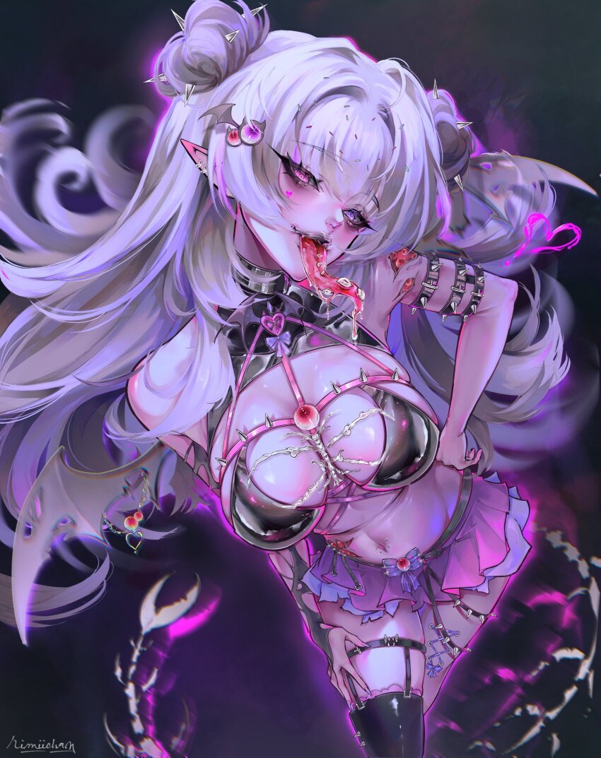 1girl, barbed_tongue, bat_wings, black_bra, black_collar, black_streaks, black_thighhighs, bra