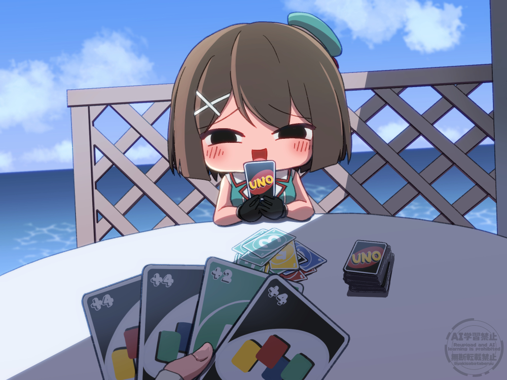 1girl, 1other, black_eyes, black_gloves, blue_sky, brown_hair, card, chibi
