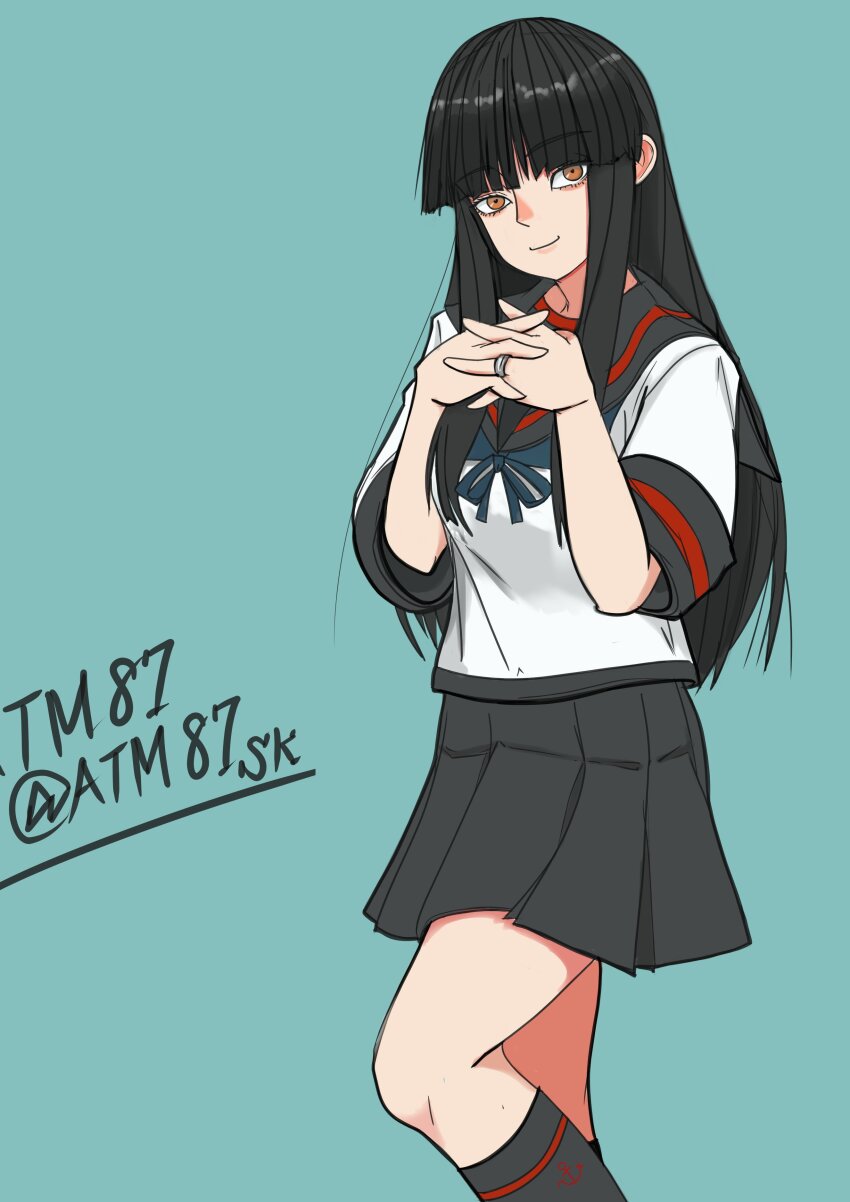 1girl, absurdres, atm87, black_hair, black_sailor_collar, black_skirt, blue_neckerchief, blunt_bangs