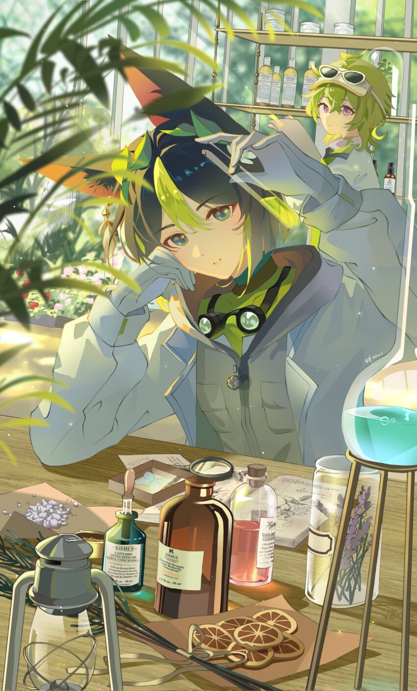 1boy, 1girl, animal_ear_fluff, animal_ears, aqua_eyes, black_hair, bottle, cheong1110
