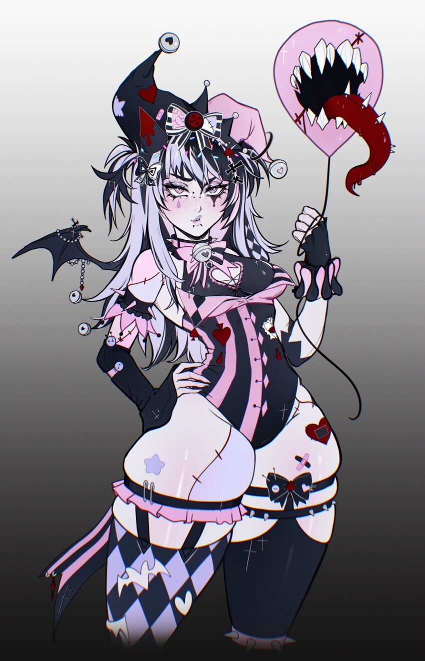 1girl, balloon, barbed_tongue, bat_wings, bell, black_leotard, black_streaks, black_thighhighs