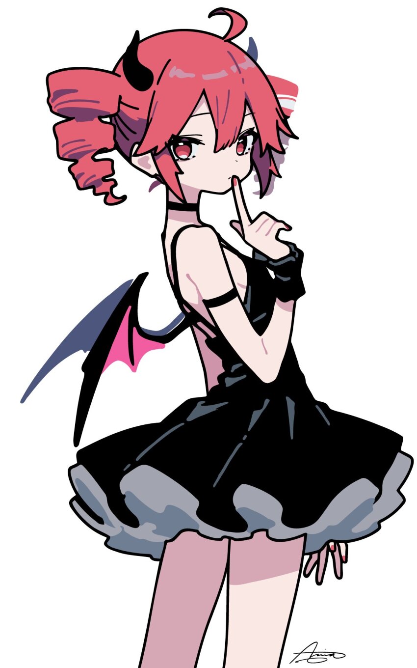 ahoge, ameniwa, bare_shoulders, black_choker, black_dress, breasts, choker, demon_horns