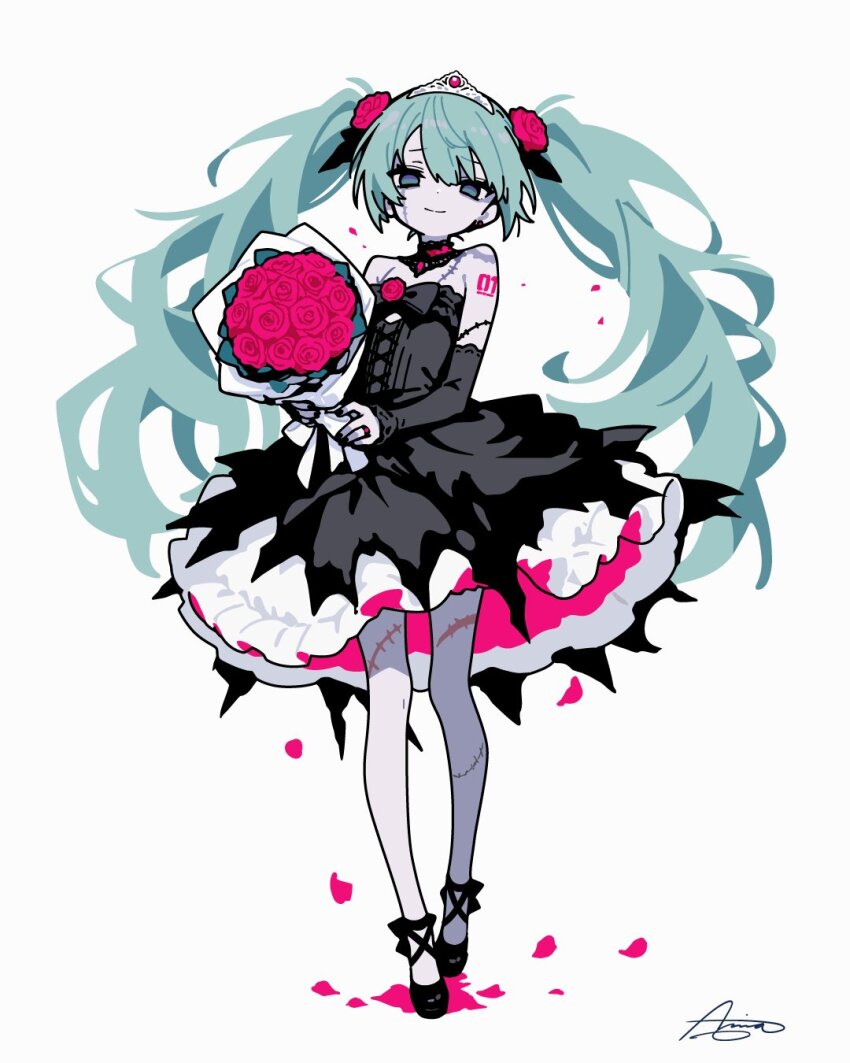 ameniwa, aqua_eyes, aqua_hair, aqua_nails, bare_shoulders, black_bow, black_bowtie, black_choker