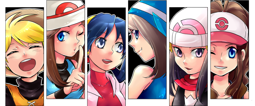 00s, 10s, 1990s_(style), 6+girls, bare_shoulders, baseball_cap, blonde_hair, blue_eyes, brown_hair, column_lineup, dawn_(pokemon), earrings, fang, green_(pokemon), hair_ornament, hat, hilda_(pokemon), jewelry, kris_(pokemon), long_hair, may_(pokemon), multiple_girls, nintendo, one_eye_closed, open_mouth, pokemon, pokemon_adventures, pokemon_black_and_white, pokemon_diamond/pearl/platinum, pokemon_firered_and_leafgreen, pokemon_gold/silver/crystal, pokemon_red/green/blue/yellow, pokemon_ruby/sapphire/emerald, retro_artstyle, scarf, shirou_(vista), smile, straw_hat, wink, yellow_(pokemon)