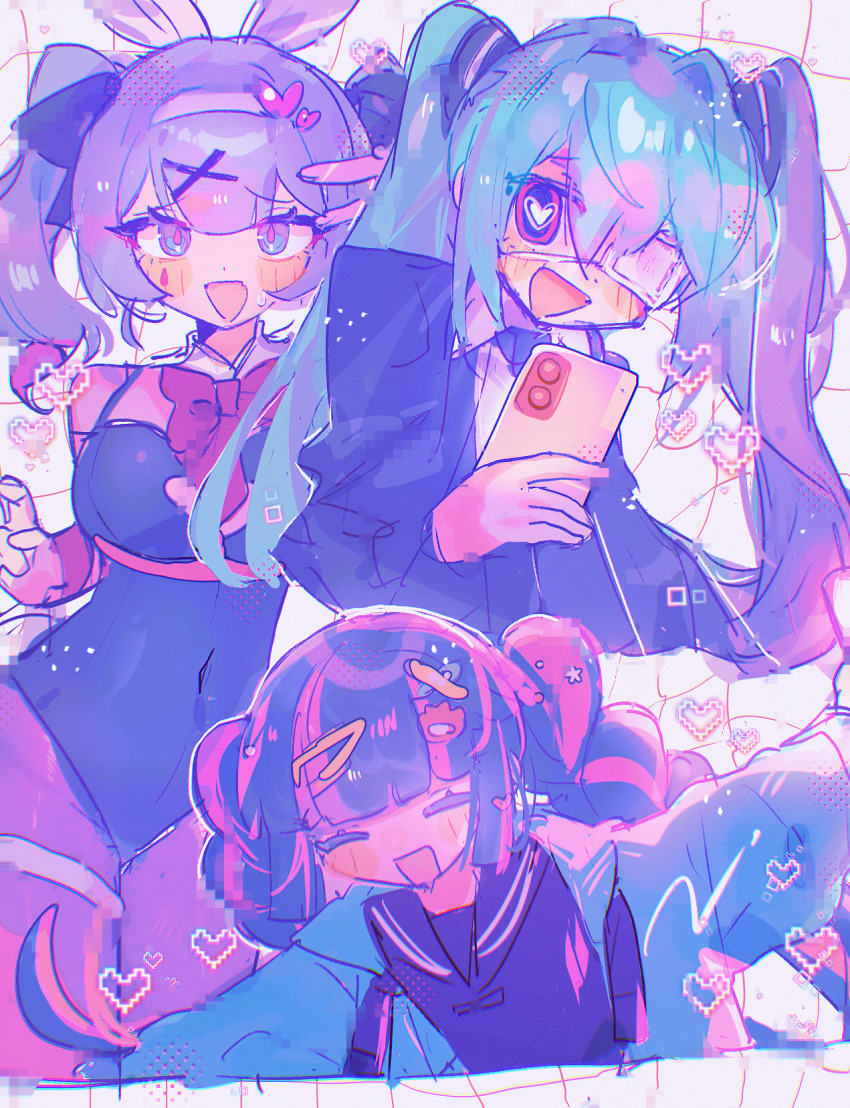 3girls, :d, animal_ears, black_jacket, black_leotard, black_necktie, black_pantyhose, black_ribbon