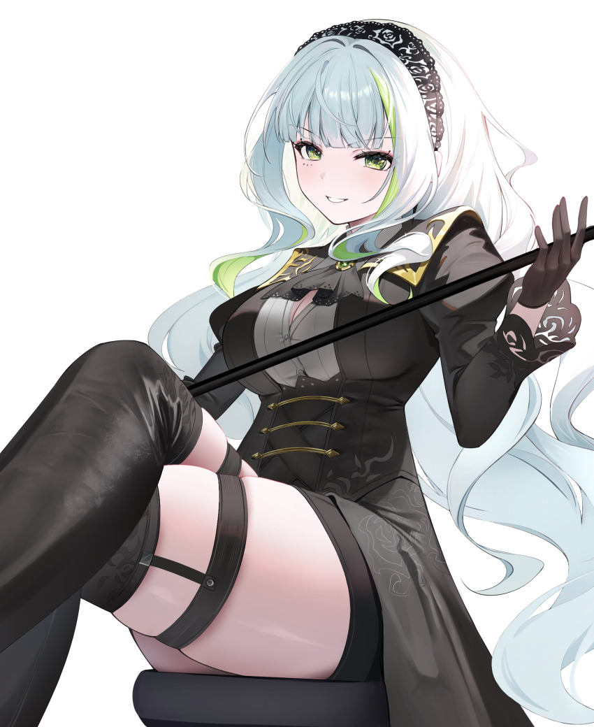 1girl, ascot, azipou, black_ascot, black_dress, black_gloves, black_hairband, black_thighhighs