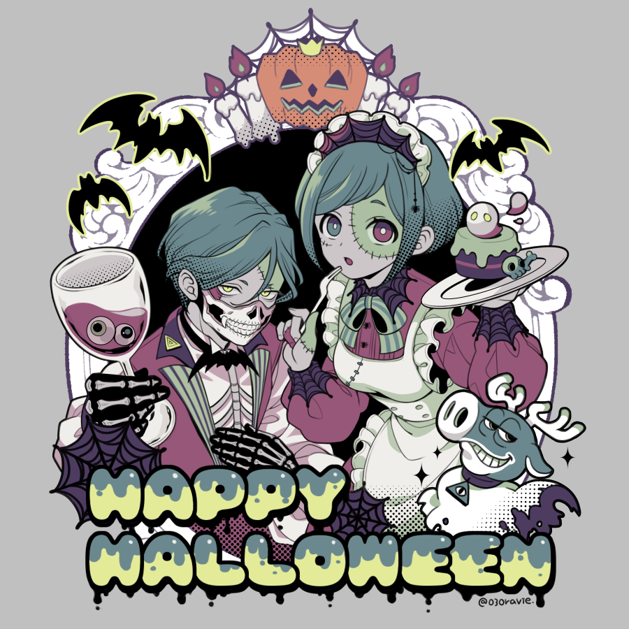 030ravie, alternate_costume, bat_(animal), bright_pupils, collared_dress, commentary_request, cup, dress, drinking_glass, enmaided, eyeball, fukurai_azami, halloween, halloween_costume, happy_halloween, heterochromia, holding, holding_cup, jack-o'-lantern, jacket, limited_palette, long_sleeves, maid, maid_headdress, mask, meguriya_ayumu, mouth_mask, neck_ribbon, plate, reindeer, ribbon, shirt, short_hair, silk, spider_web, stitched_face, stitches, swept_bangs, toshi_densetsu_kaitai_center, toshikai-kun, wine_glass