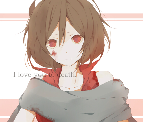 1girl, bare_shoulders, blood, brown_hair, collarbone, english_text, female_focus, lowres