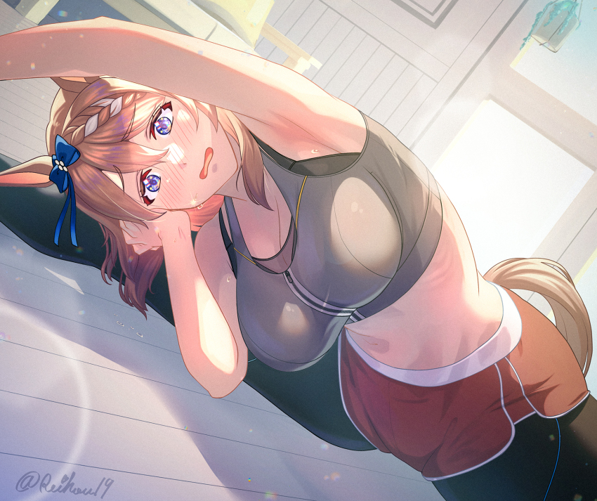 1girl, animal_ears, armpits, artist_name, black_bra, blue_eyes, blush, bra
