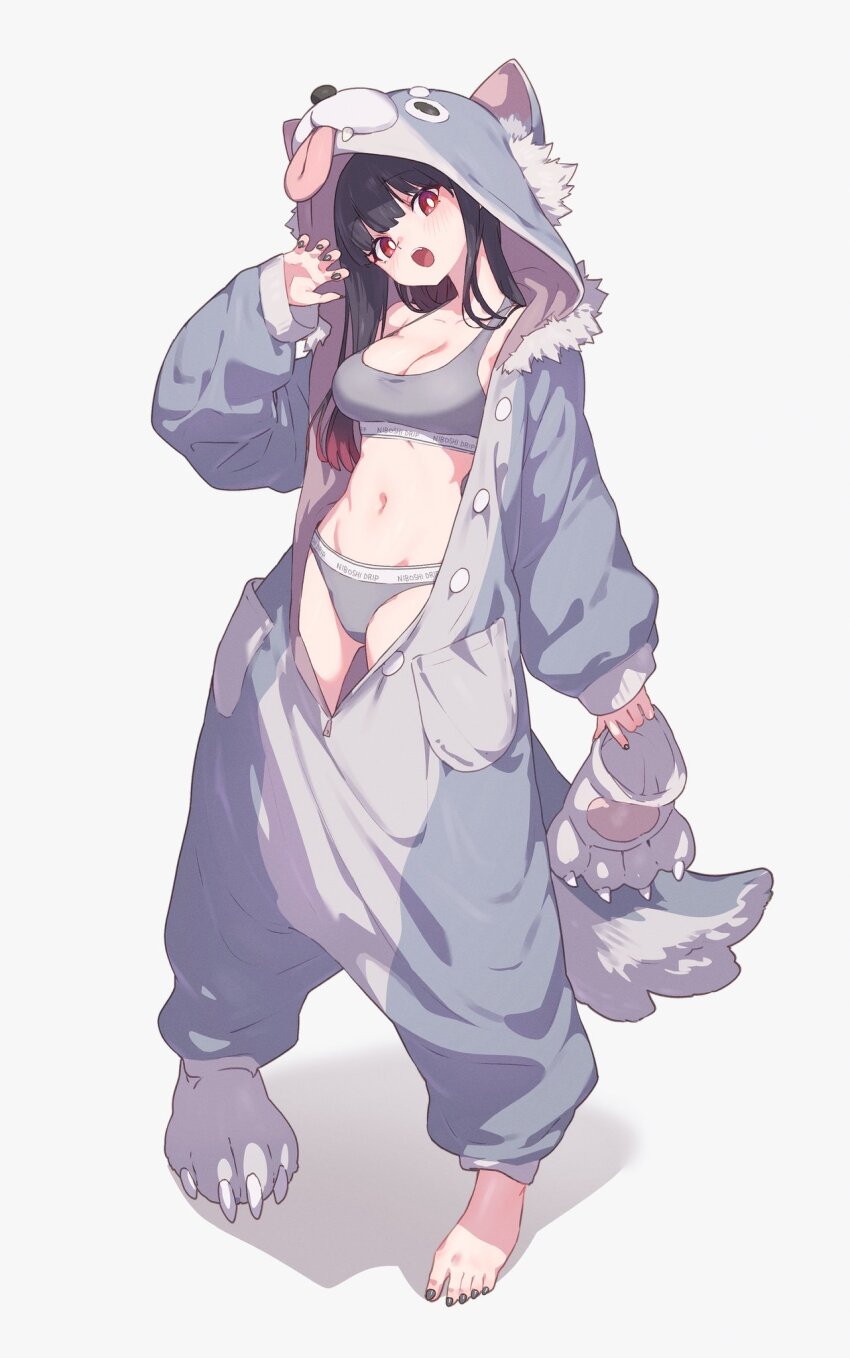 1girl, barefoot, black_hair, bra, highres, navel, niboshidrip, original