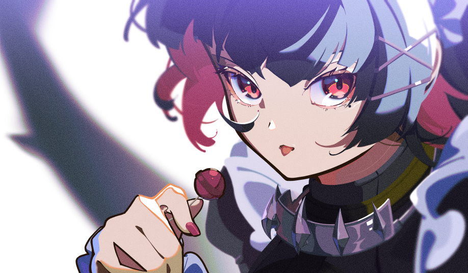 1girl, black_hair, blurry, blurry_background, candy, close-up, colored_inner_hair, ellen_joe